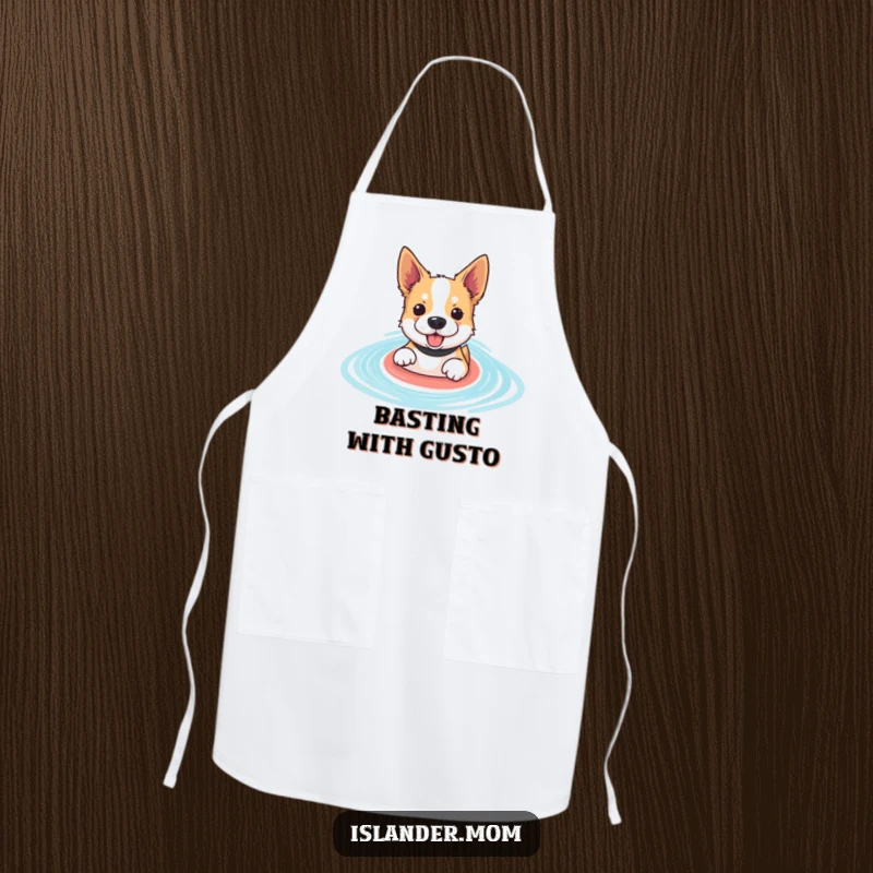 Funny paddling dog apron showing an enthusiastic dog swimming in a blue lagoon, perfect for kitchen activities and protecting clothes.