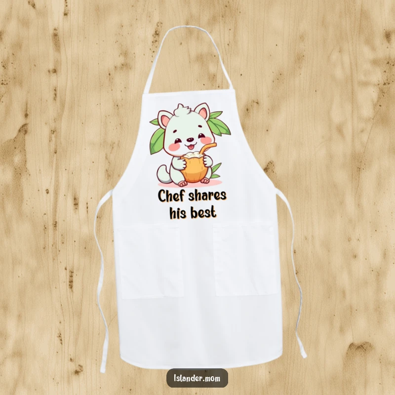 Funny apron with a kawaii islander animal grinning happily while sharing a coconut drink, perfect for hosting.