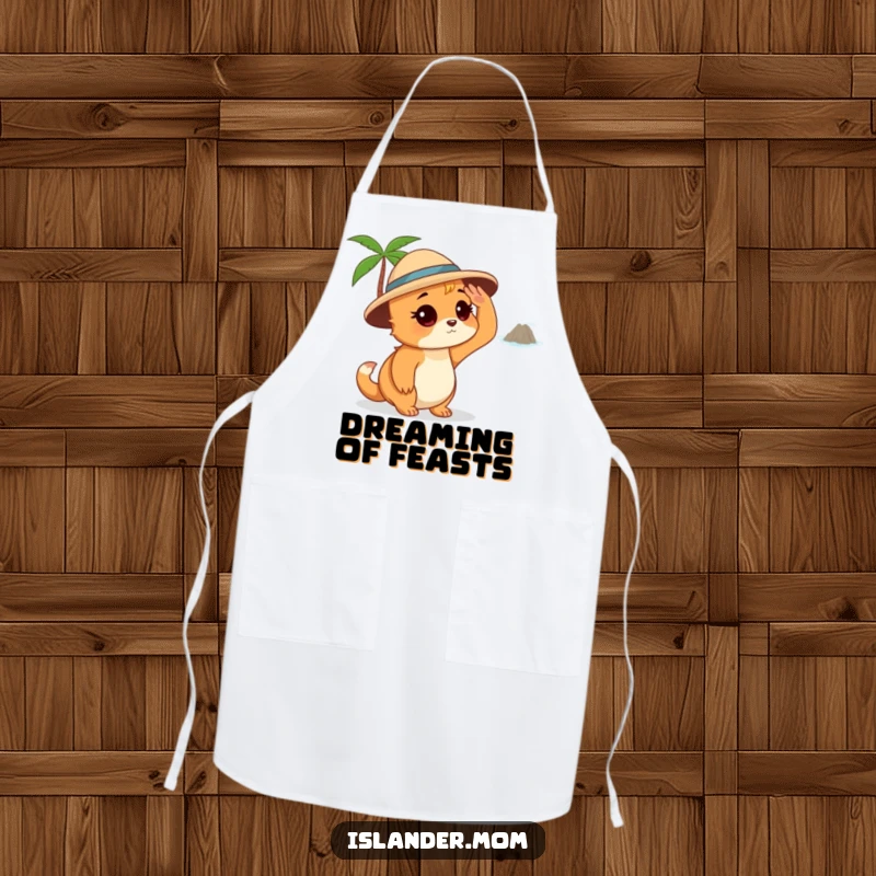 Funny Islander Mom Apron, functional and humorous, depicting an islander mom shading her eyes and looking at a distant island, perfect for cooking.