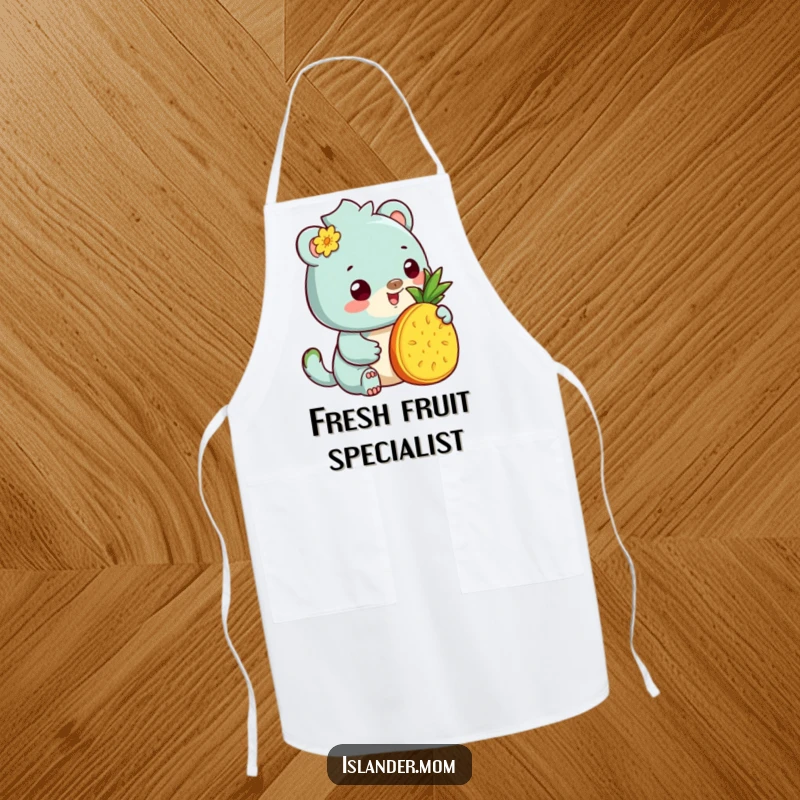 Funny Apron: Kitchen apron with a kawaii islander animal offering pineapple, perfect for tropical-themed cooking and baking.