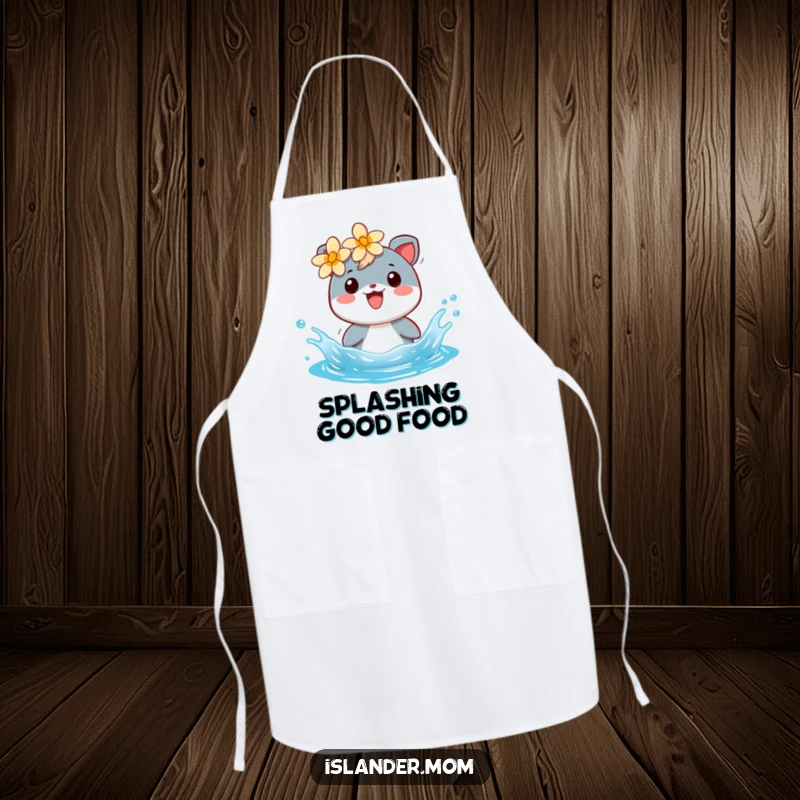 Funny apron illustrating a cheerful islander animal with a flower, splashing in blue water, bringing humor to cooking.