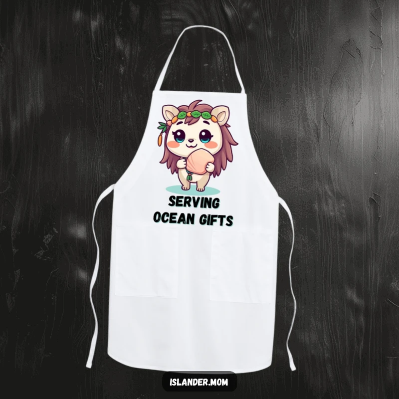Funny apron illustrating a cute islander animal character with a beaming smile, offering a seashell with charm.