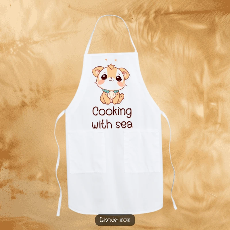 Funny animal character looking dreamily upwards, wearing a seashell necklace, a humorous and functional apron for a whimsical kitchen.