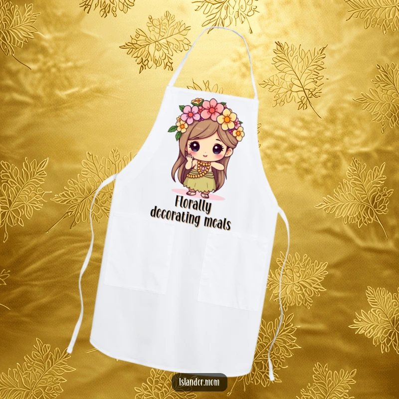 Funny kawaii islander character wearing an apron, diligently weaving a flower crown with focused delight, bringing craft to the kitchen.