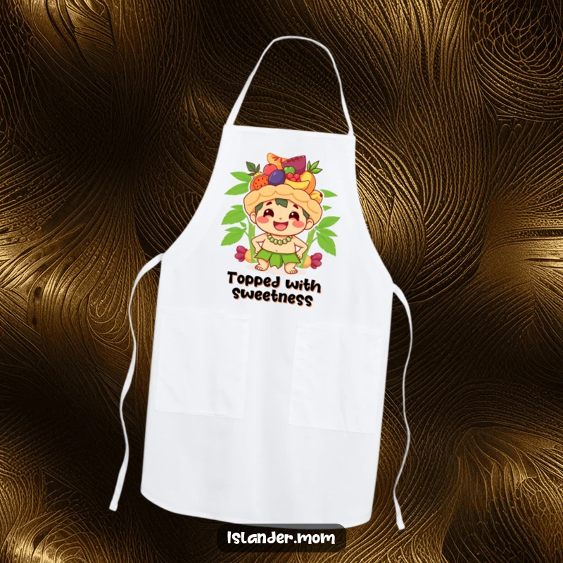 Funny apron showing a cute islander character smiling broadly while balancing a stack of fruit on its head, perfect for a humorous cooking experience.