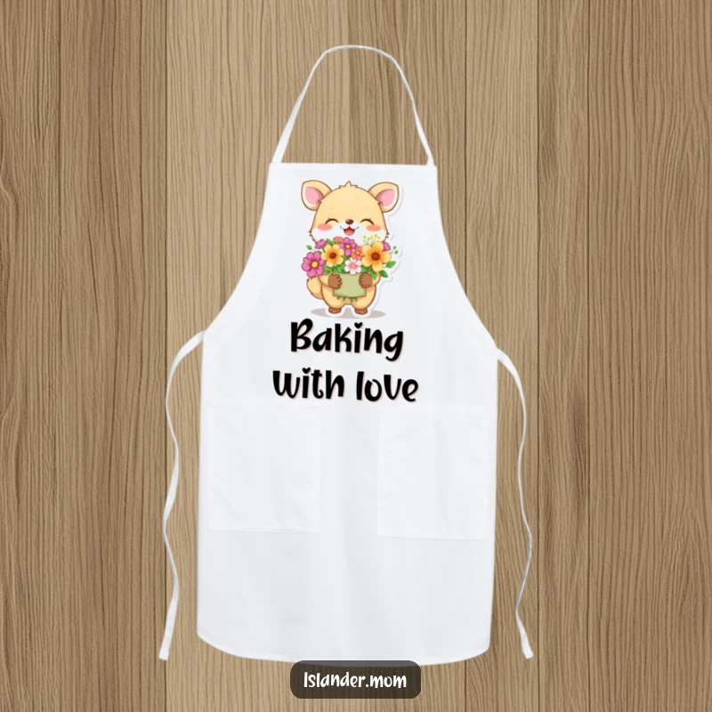Funny animal character giggling while offering vibrant flowers, a humorous and functional apron for a cheerful kitchen experience.