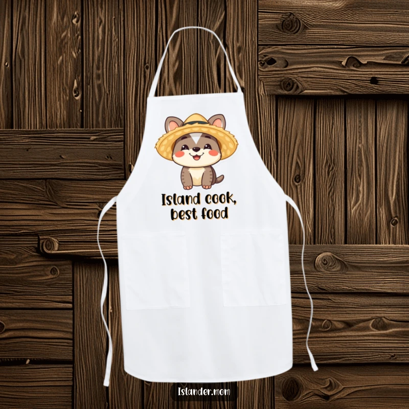 Funny Islander Animal Apron featuring a smiling character in a straw hat, perfect for tropical kitchen fun, a funny gift.
