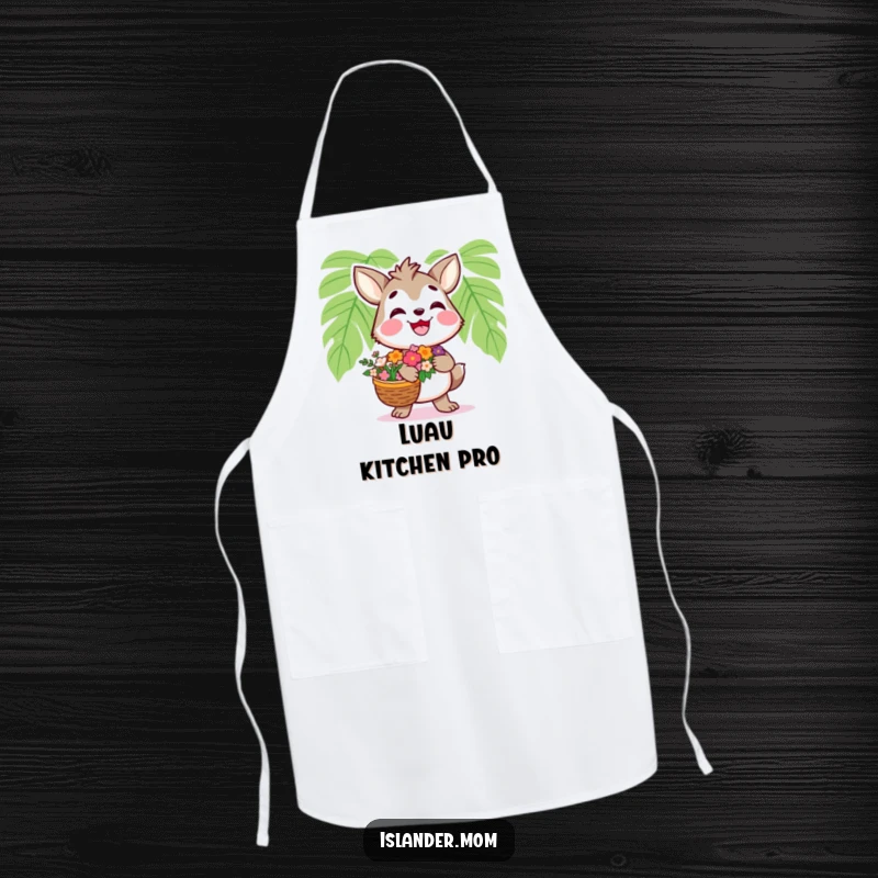 Funny Islander Animal Apron: Kitchen apron with a smiling islander character carrying flowers, functional and funny gift.