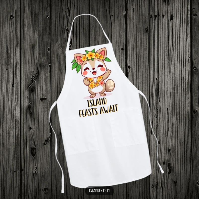 Funny apron depicting a smiling islander animal character with a flower lei, dancing with cheerful, party-ready energy.