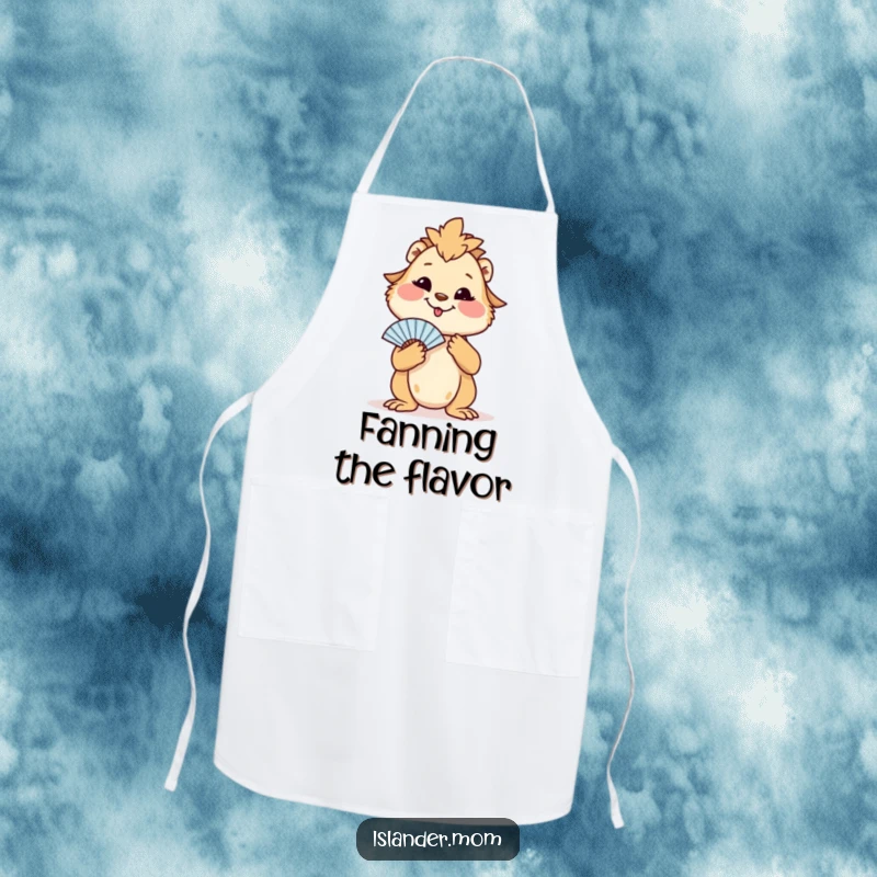 Funny apron with an islander mom animal fanning herself, designed for cooks who appreciate tropical humor.