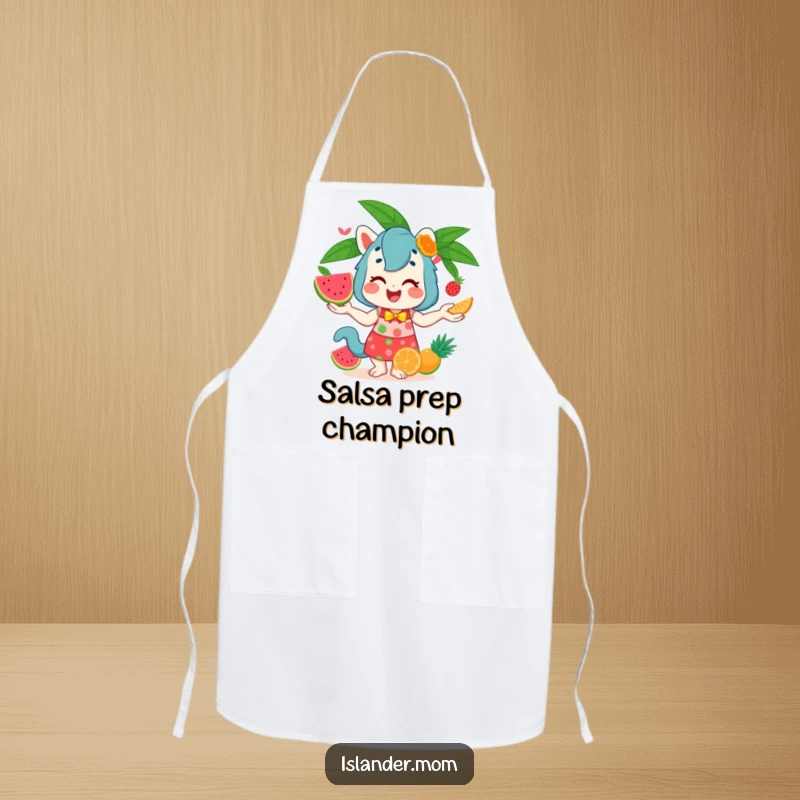 Funny Apron depicting an islander mom animal energetically juggling a colorful array of tropical fruits while cooking with a smile.