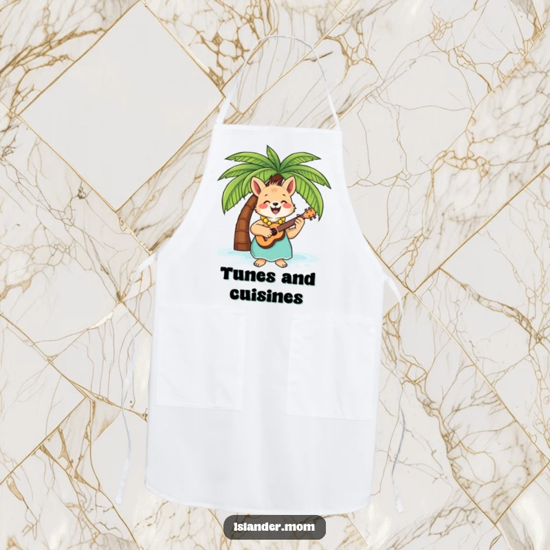 Funny Apron showcasing an islander mom animal playing a ukulele under a palm tree, perfect for kitchen musicians.