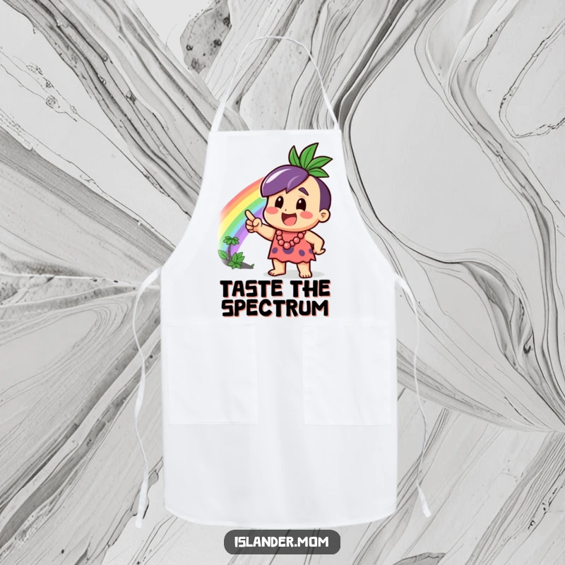 Funny Apron showing an excited islander character pointing at a rainbow, perfect for adding cheer to kitchen activities.