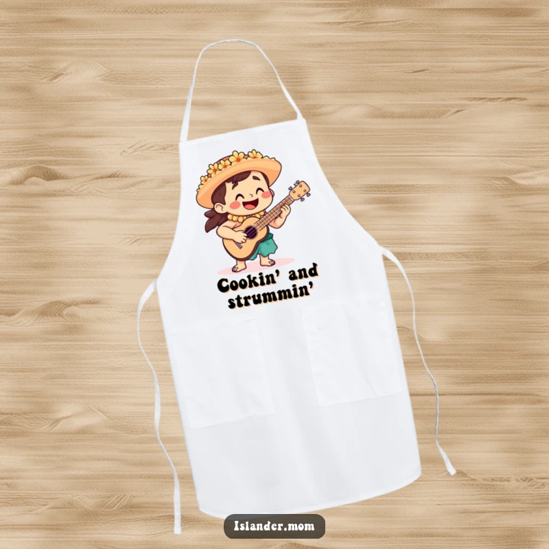 Funny Apron showing a happy islander playing a ukulele, perfect for adding a musical and cheerful vibe to culinary tasks.