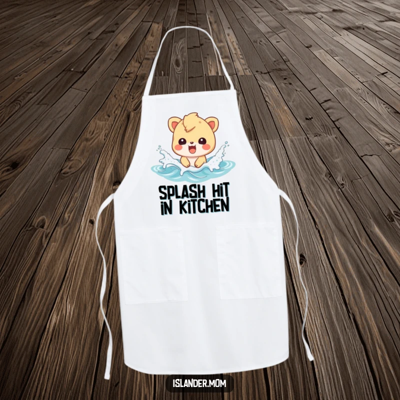 Funny apron with an islander animal character splashing in waves, designed for fun beach-themed cooking.