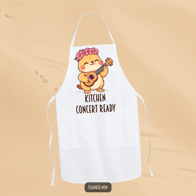 Funny apron featuring a cute kawaii islander animal happily strumming a miniature ukulele while cooking.