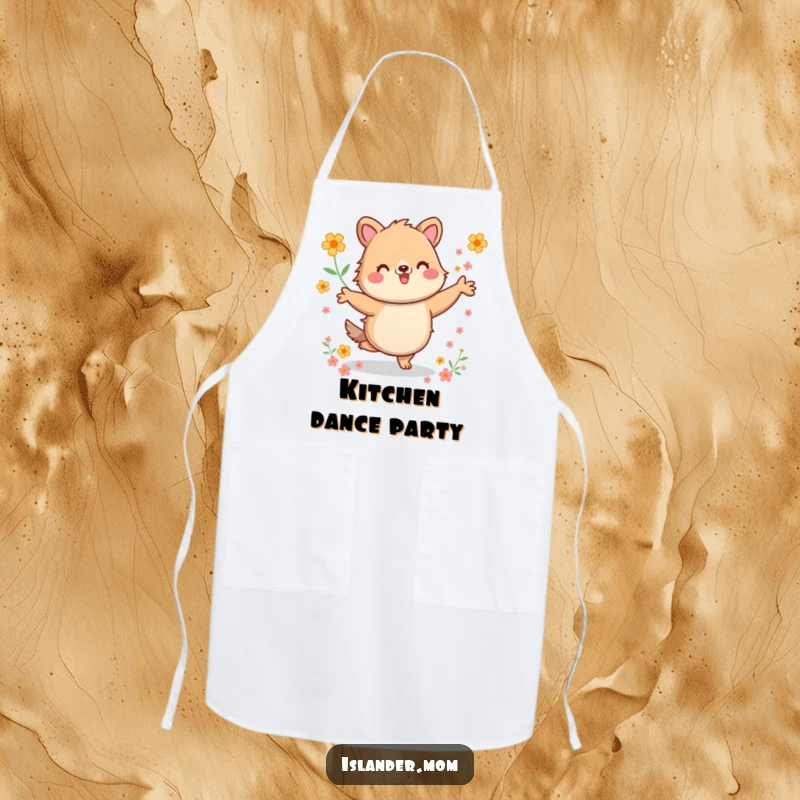 Funny Apron: Kitchen apron with a kawaii islander animal dancing energetically among flowers, perfect for adding humor to cooking.