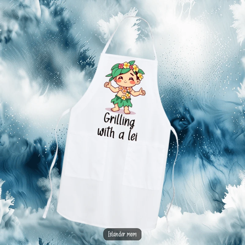 Funny Kawaii islander apron depicting a character with a flower lei, dancing freely, ready for the kitchen.