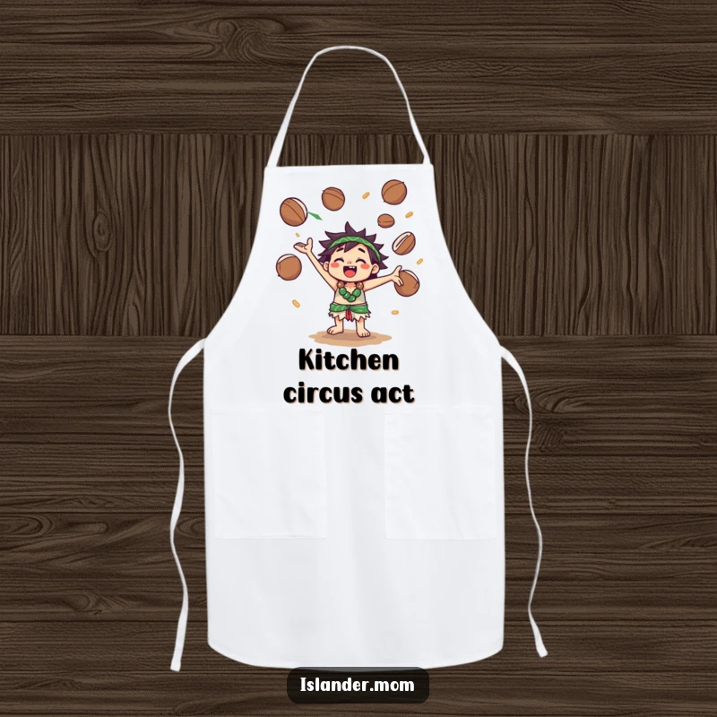 Funny Apron: A kawaii islander character is shown joyfully juggling coconuts, ready for culinary adventures with a smile.