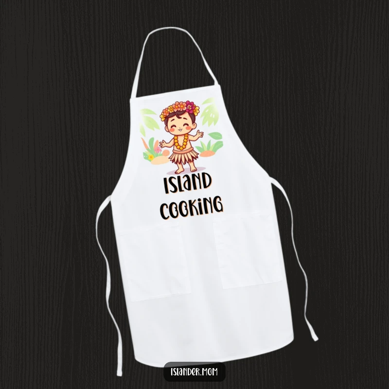 Funny apron featuring a cute Kawaii islander character gracefully hula dancing, perfect for kitchen or crafting fun with a tropical flair.