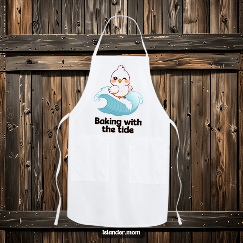 Funny mama bird winking and riding a wave on an apron. Humorous kitchen wear, perfect funny gift for bakers and cooks.