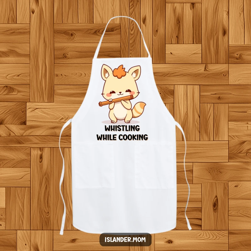 Funny spirited animal playing a flute with a wide grin, a humorous and functional apron for a musical kitchen experience.