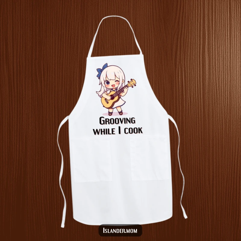 Funny apron with a character joyfully strumming a ukulele, perfect for adding musical fun to cooking and baking.