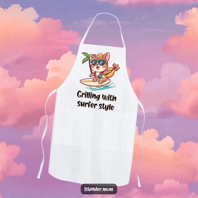 Funny Islander Animal Apron featuring a character cheerfully riding a small surfboard, perfect for beach BBQ fun, a funny gift.