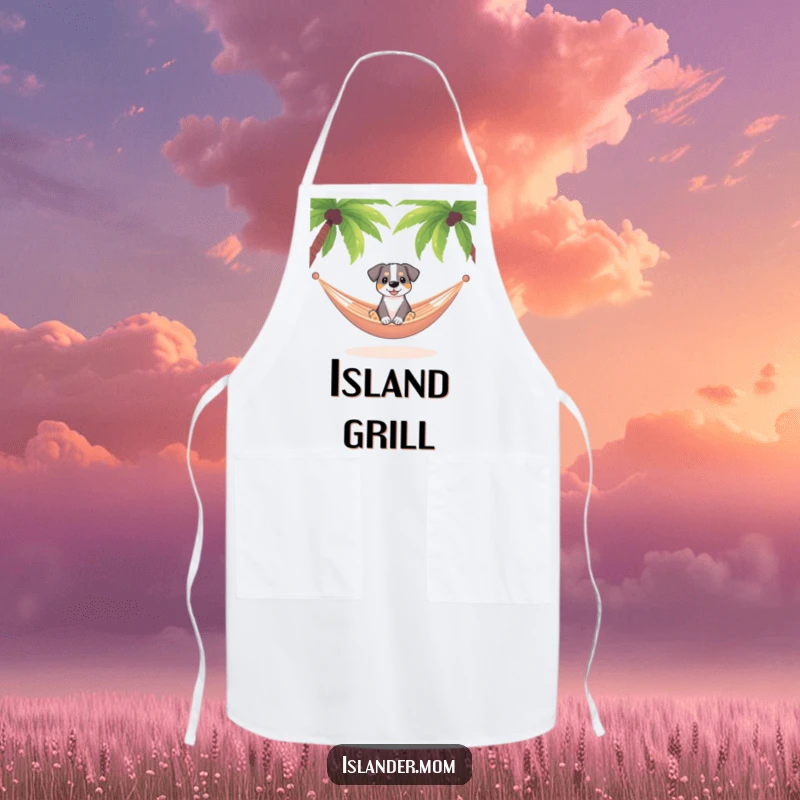 Funny dog relaxing in a hammock swaying gently between palm trees, relaxed kitchen apron, tropical BBQ chef.