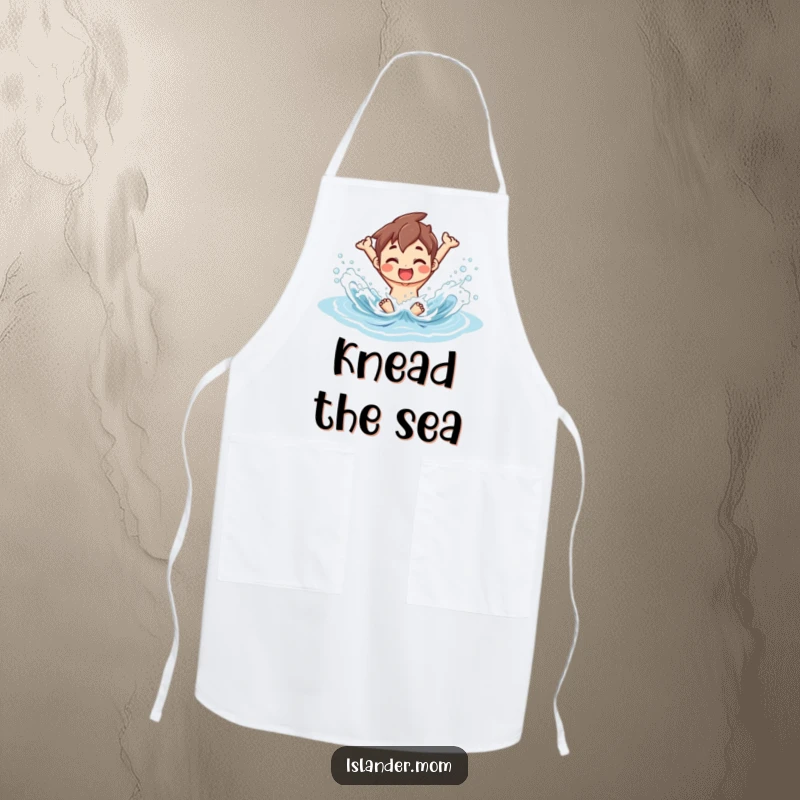 Funny Apron showing an islander joyfully splashing in ocean waves, perfect for adding a cheerful beach theme to cooking.