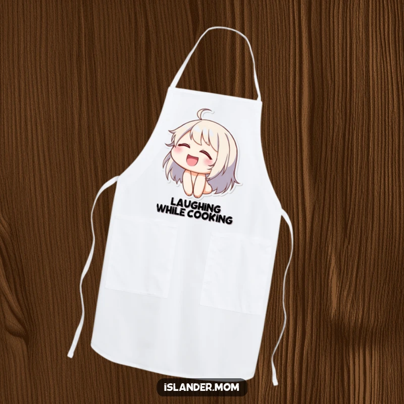 Funny kitchen apron featuring a character laughing with eyes closed and head tilted back, perfect for adding cheer to meal prep.