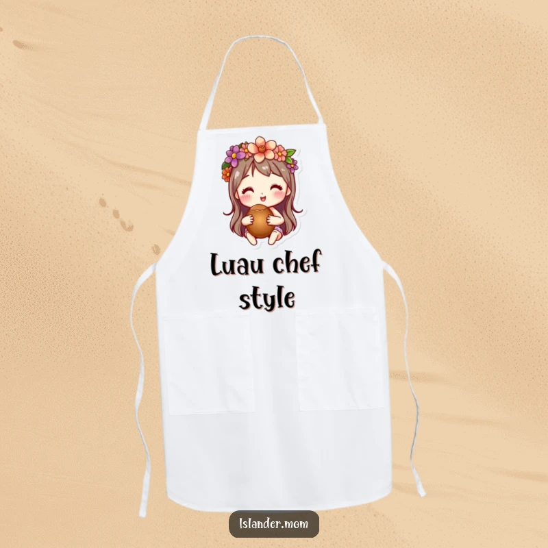 Funny kitchen apron featuring a character in a flower crown holding a coconut, perfect for adding a tropical touch to cooking.