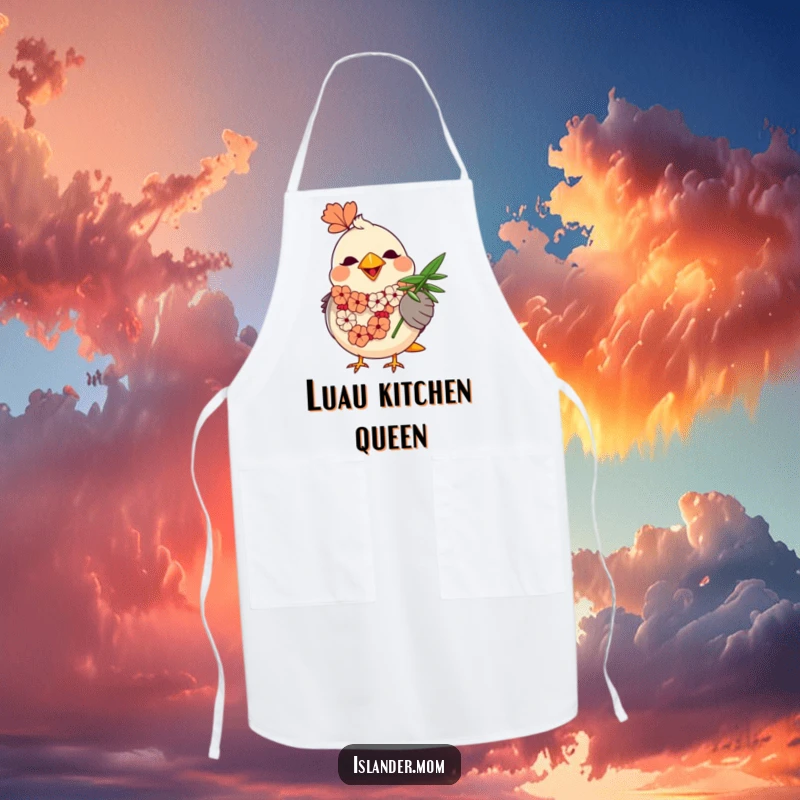 Funny Mama Bird Apron: A mama bird wearing a lei happily fans herself with a palm leaf while cooking.