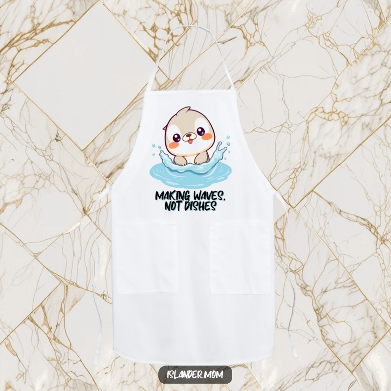 Funny apron featuring a cute kawaii islander animal splashing playfully in gentle, sunlit ocean waves.