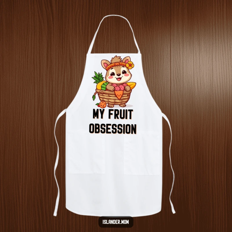 Funny apron depicting a happy islander animal character with a woven basket overflowing with exotic tropical fruits, ready for culinary adventures.