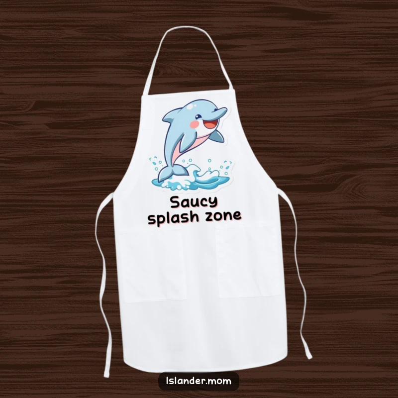 Funny Dolphin Apron: A happy dolphin leaps joyfully from a wave, bringing a touch of the ocean and humor to your cooking.