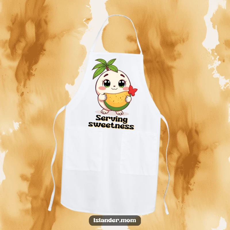 Funny round island creature apron, showing a creature with gentle eyes offering fruit, adding sweet humor to kitchen attire.