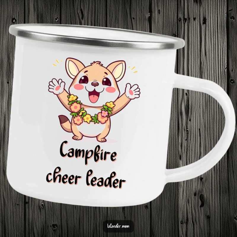Funny camping mug showing an excited animal with leis, waving arms enthusiastically, bringing tropical cheer to any outdoor setting.
