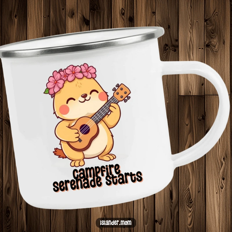 Funny camping mug with a cute kawaii islander animal contentedly strumming a miniature ukulele.