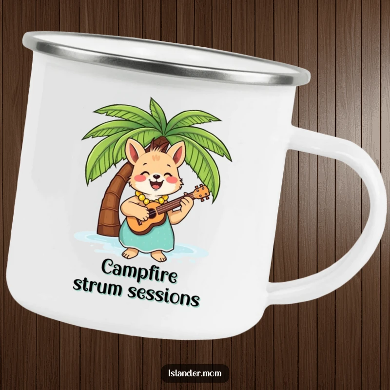 Funny Camping Mug with an islander mom animal playing a ukulele under a palm tree, perfect for music-loving campers.