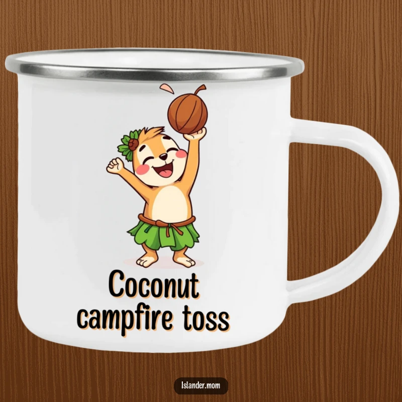 Funny camping mug with a grinning islander animal character tossing a coconut, ready for outdoor fun and spirited refreshment.