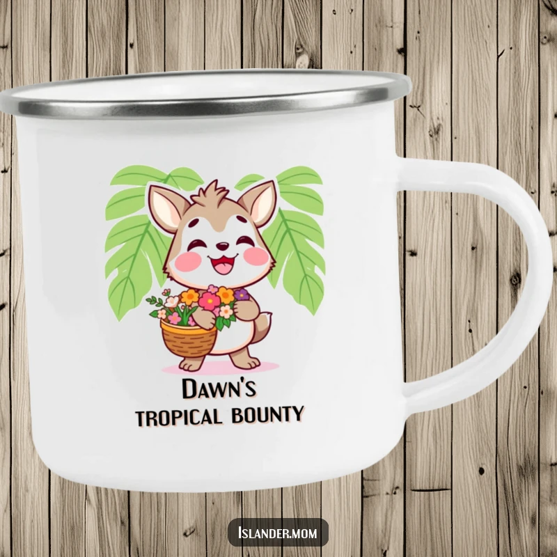 Funny Islander Animal Camping Mug: Enamel mug with a smiling islander carrying flowers, perfect for outdoors and funny gifts.