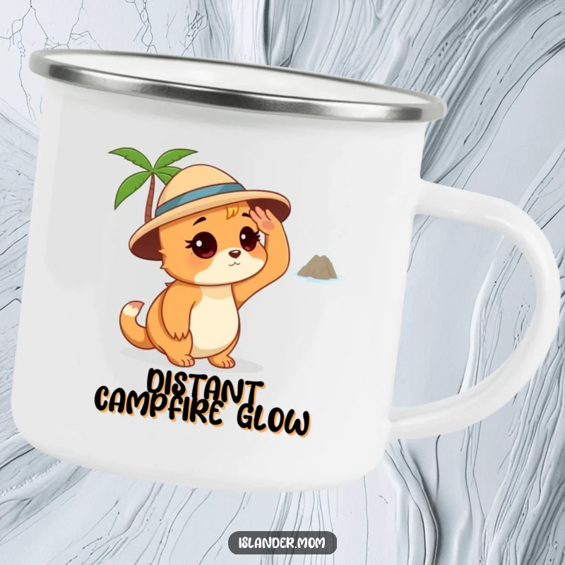 Funny Islander Mom Camping Mug, sturdy and portable, showing an islander mom shading her eyes and looking at a distant island, for outdoor adventures.