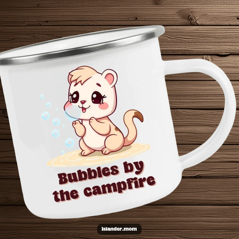 Funny camping mug with an islander mom animal blowing bubbles on a beach, designed for adventurous humor lovers.