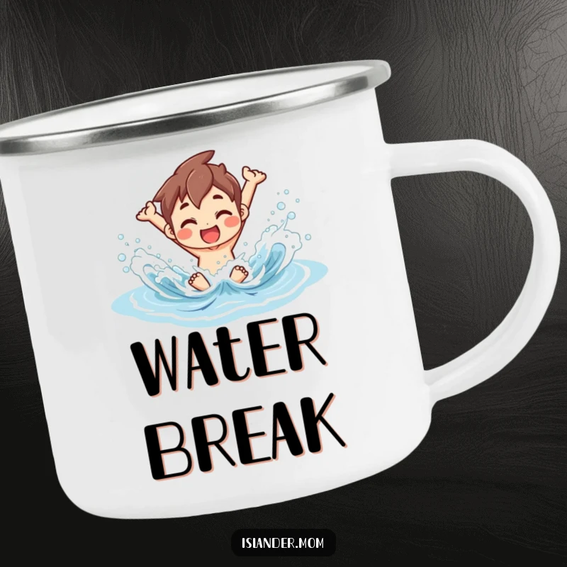 Funny Camping Mug featuring an islander joyfully splashing in ocean waves, perfect for outdoor enthusiasts with a love for the sea.