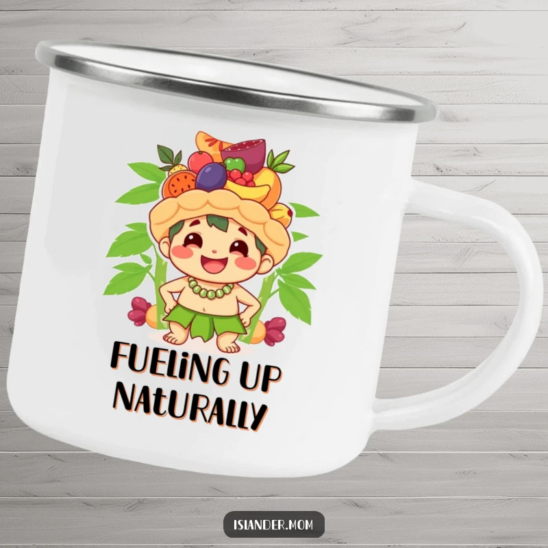 Funny camping mug featuring a cute islander character smiling broadly while balancing a stack of fruit on its head, perfect for adventurous island humor.