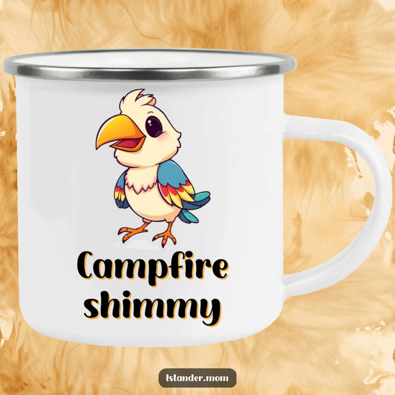 Funny playful bird camping mug, featuring a bird doing a colorful shimmy, ideal for outdoor enthusiasts.