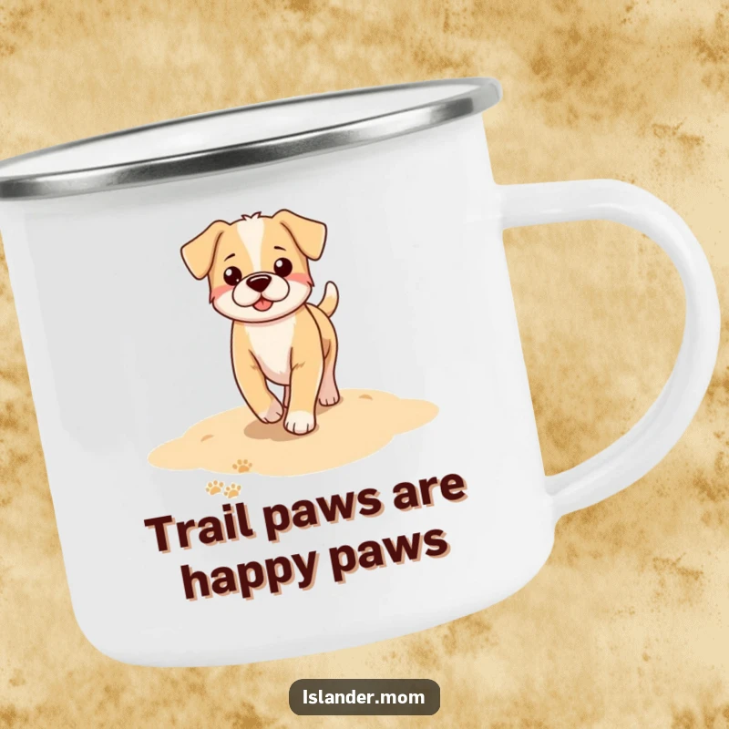 Funny dog camping mug illustration: a dog's paw prints mark the sandy shore, evoking the feeling of a peaceful beach outing.