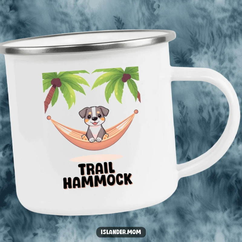 Funny dog relaxing in a hammock swaying gently between palm trees, durable enamel camping mug, tropical relaxation design.