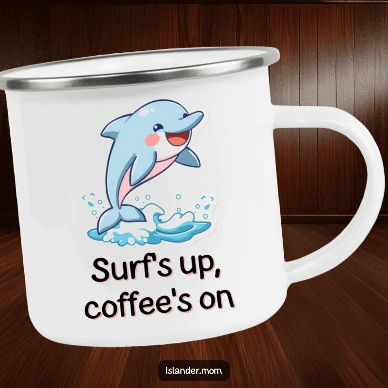 Funny Dolphin Camping Mug: A playful dolphin leaps from a wave, smiling, ready for your favorite hot beverage outdoors.